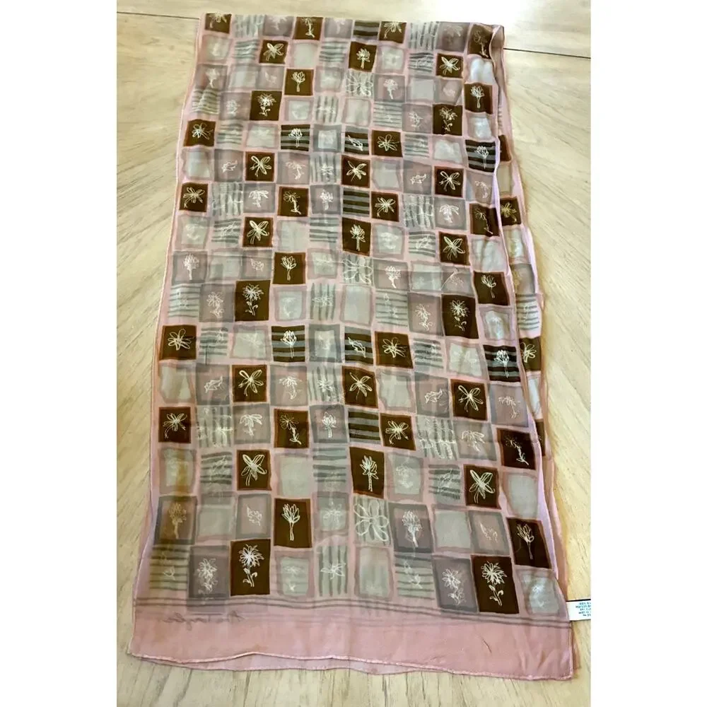 VTG Silk Chiffon Scarf Abstract Geometric Floral Designer Luxury Sheer Elegant